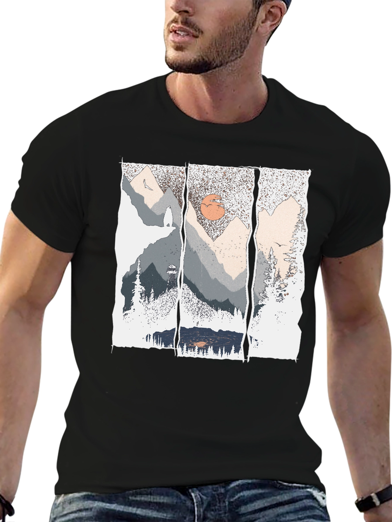Nature Triptych Graphic Tee - Black Cotton Blend Shirt
