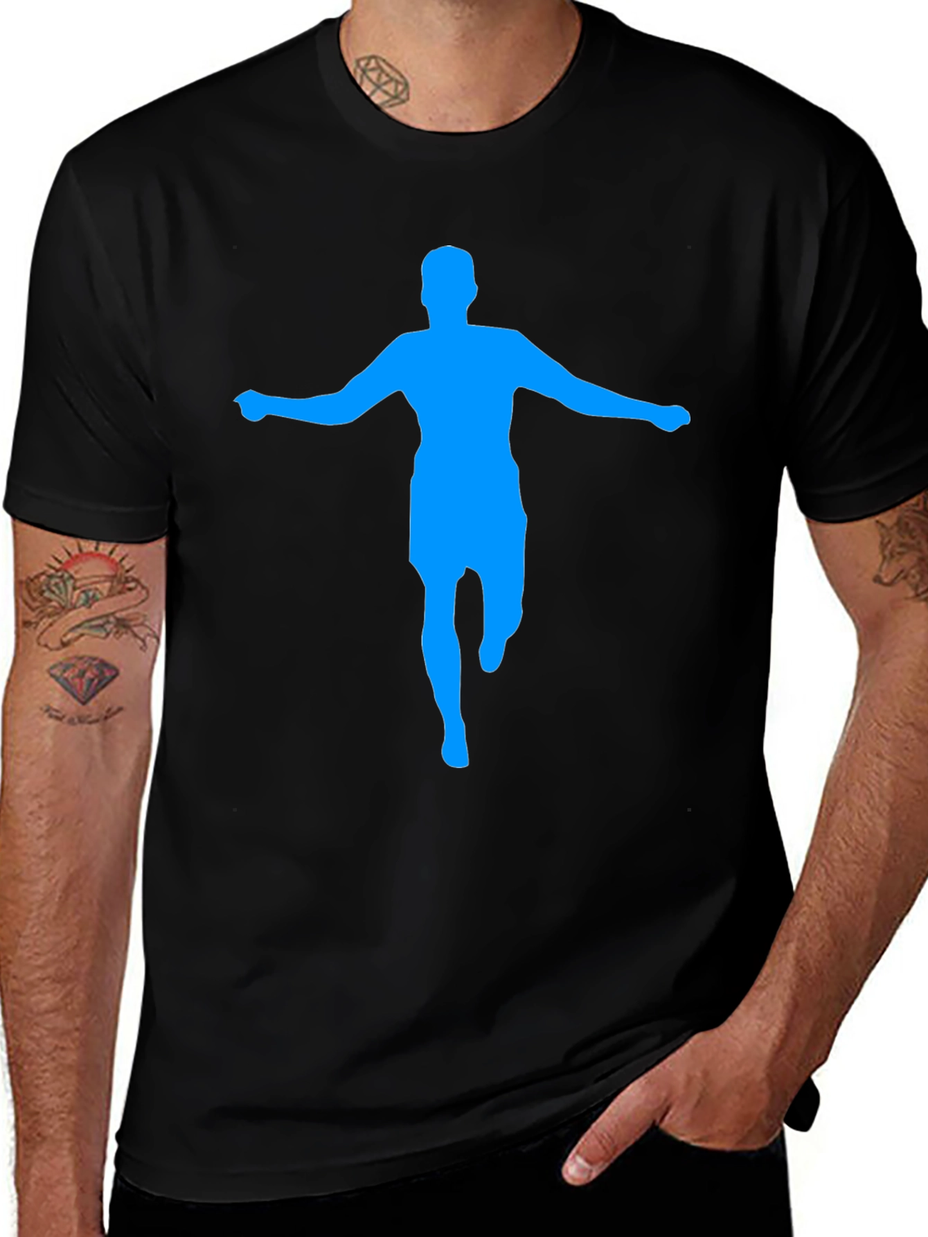 Mens Black T-Shirt with Blue Silhouette Graphic
