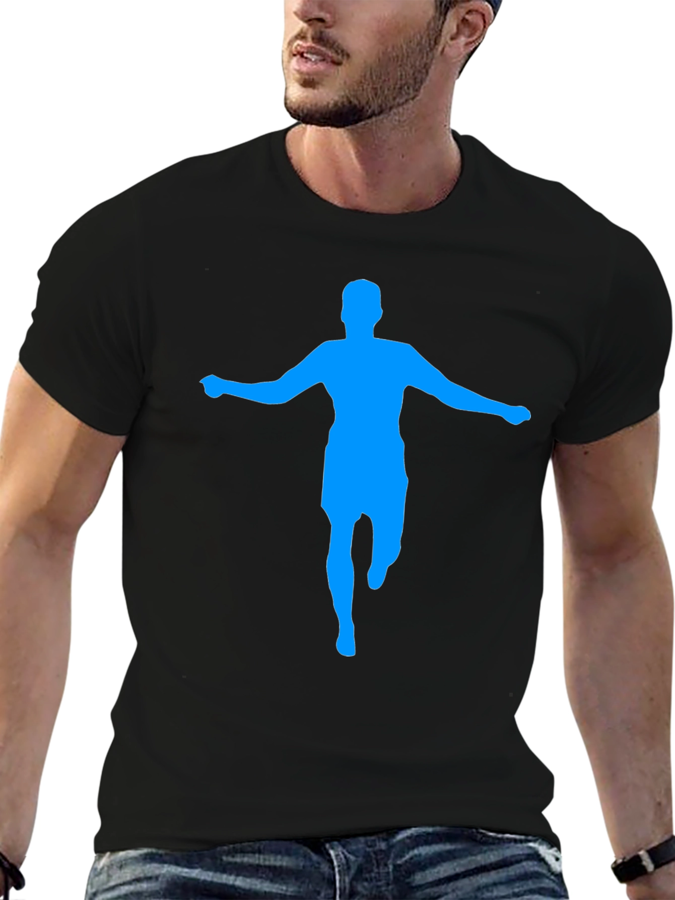 Mens Black T-Shirt with Blue Silhouette Graphic