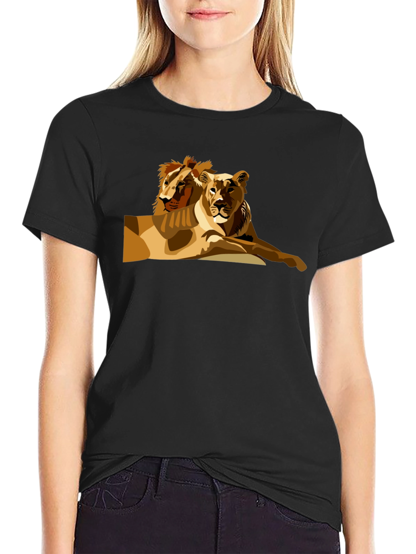 Lion Couple Graphic Black T-Shirt