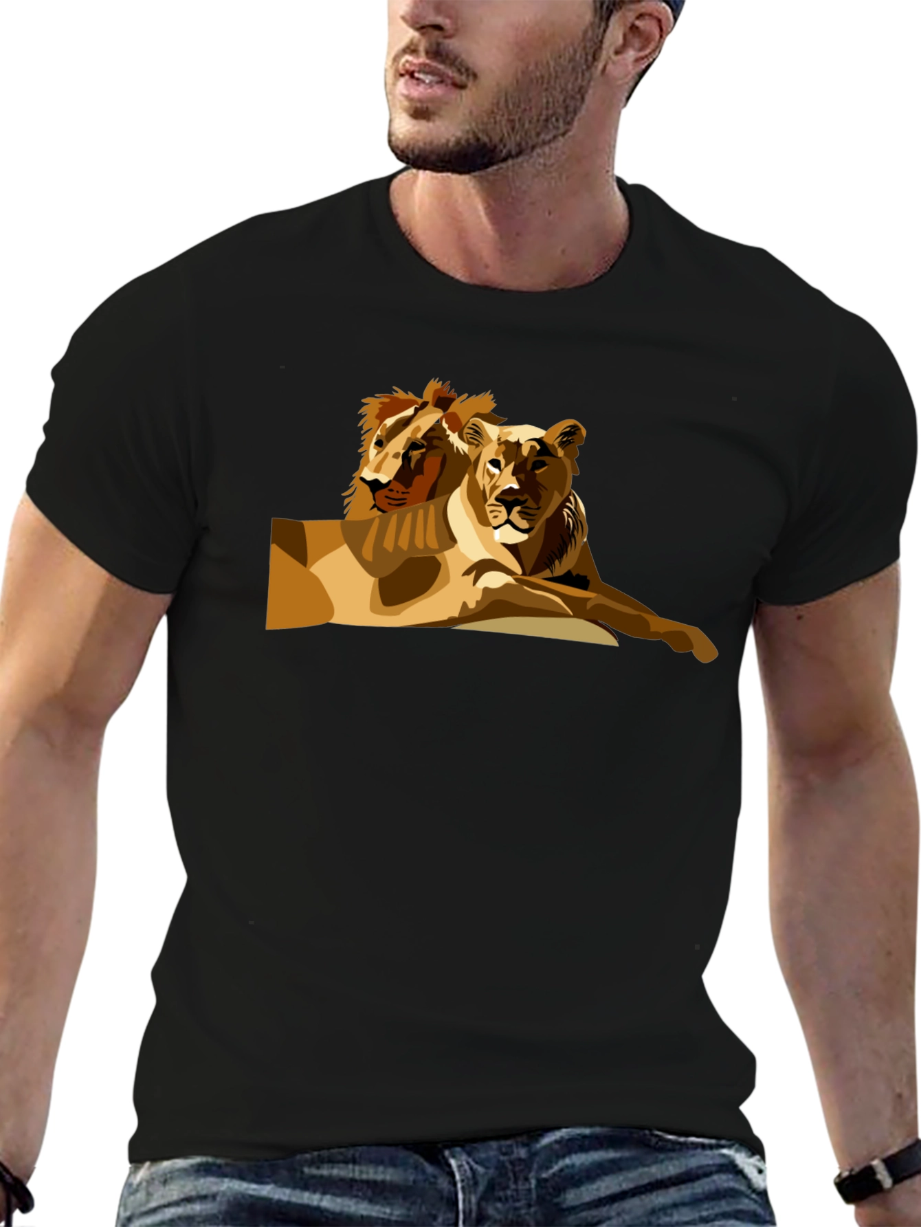 Lion Couple Graphic Black T-Shirt
