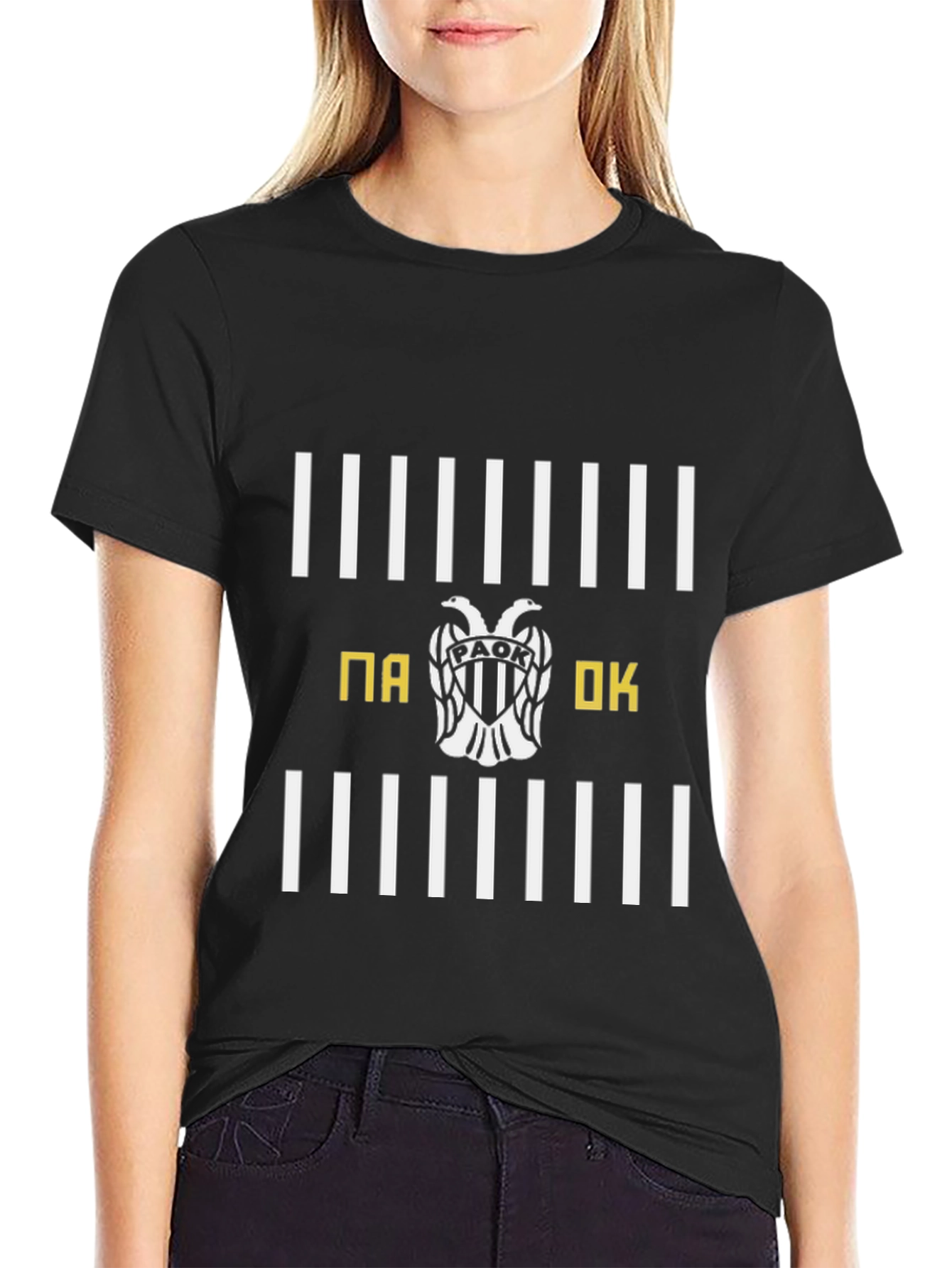 PAOK T-Shirt - Black with White Stripes & Emblem