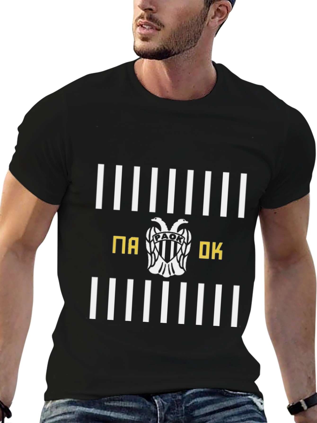 PAOK T-Shirt - Black with White Stripes & Emblem