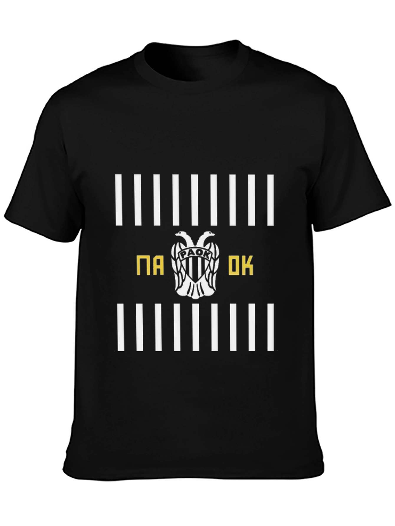 PAOK T-Shirt - Black with White Stripes & Emblem
