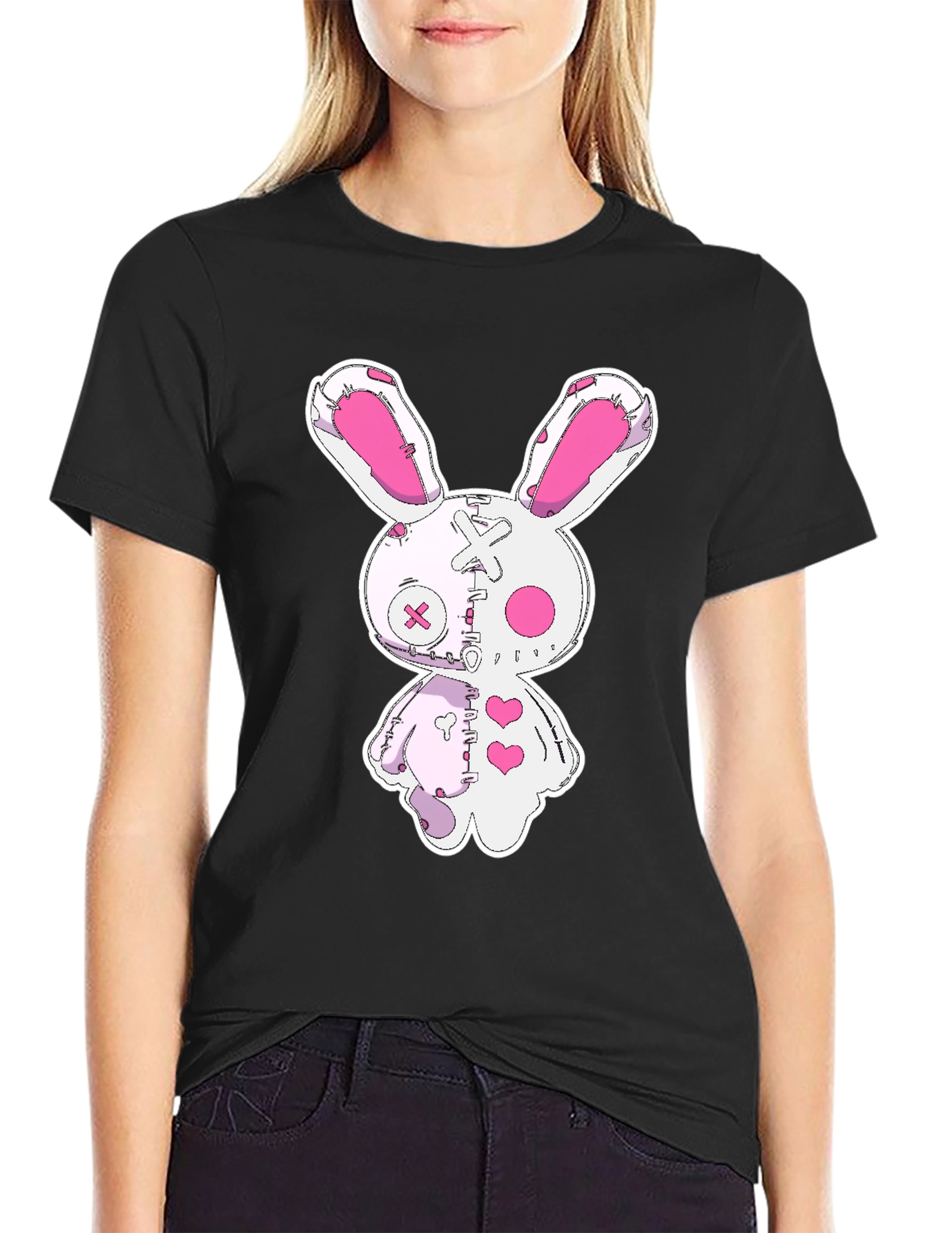 Creepy Cute Bunny Graphic Tee - Black Cotton
