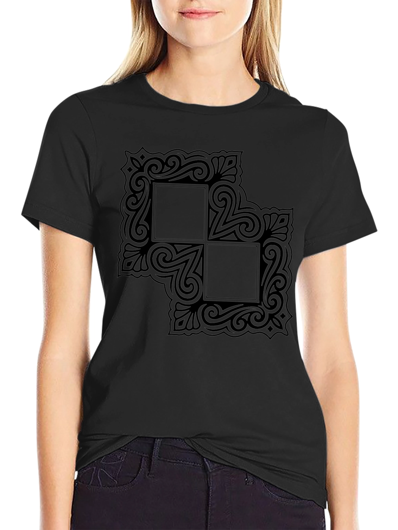 Black Graphic Tee with Ornate Square Design