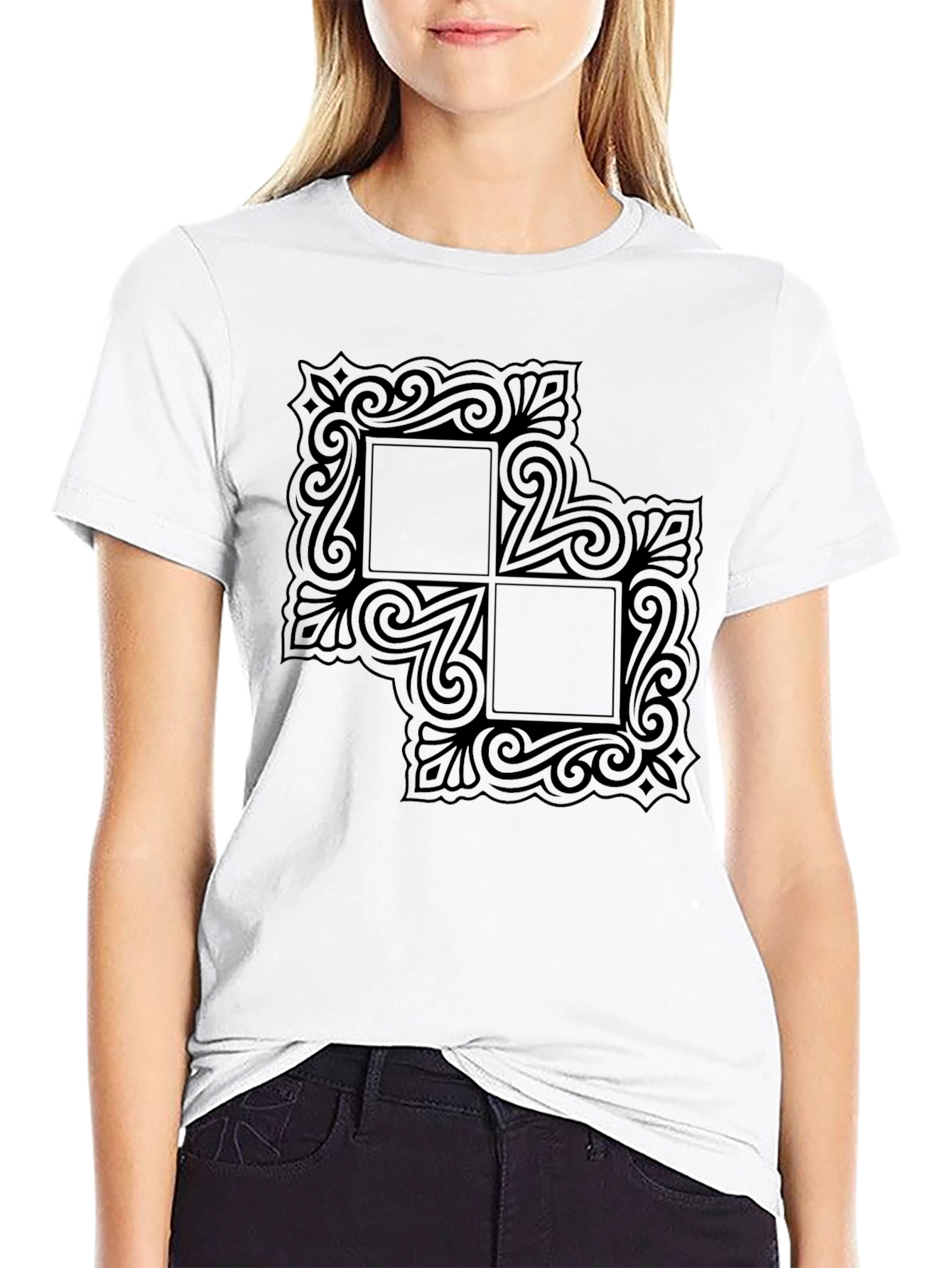 Black Graphic Tee with Ornate Square Design