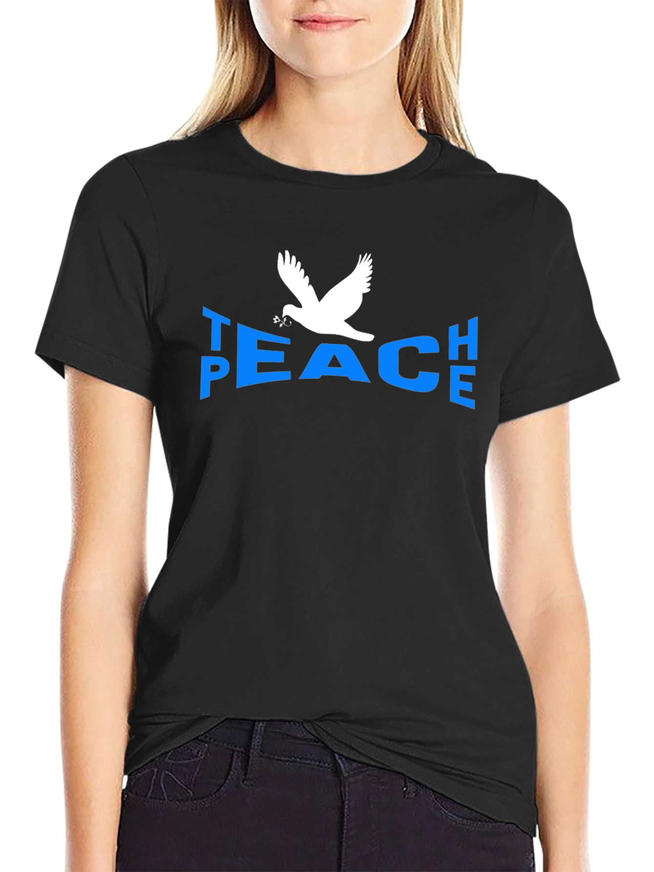 Peace Dove Graphic T-Shirt - Blue Text Black Tee