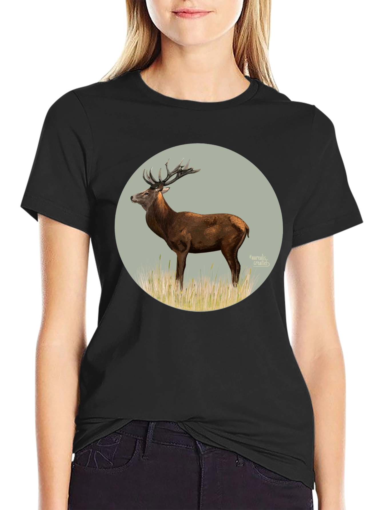Deer Graphic Tee - Black Cotton T-Shirt