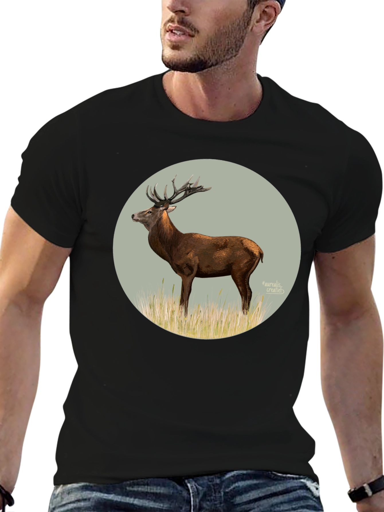 Deer Graphic Tee - Black Cotton T-Shirt
