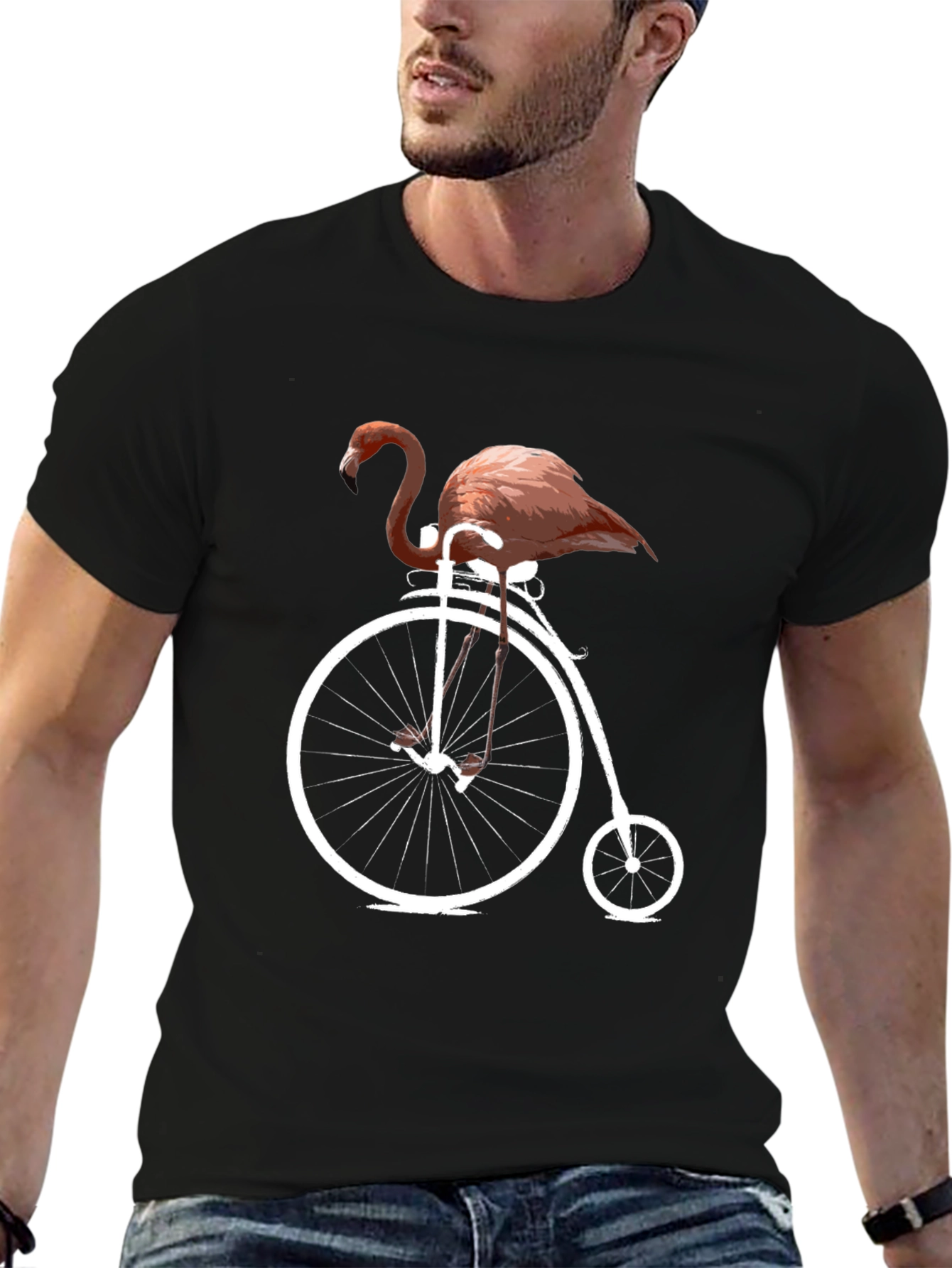 Flamingo on Bike Graphic Tee - Black Cotton T-Shirt