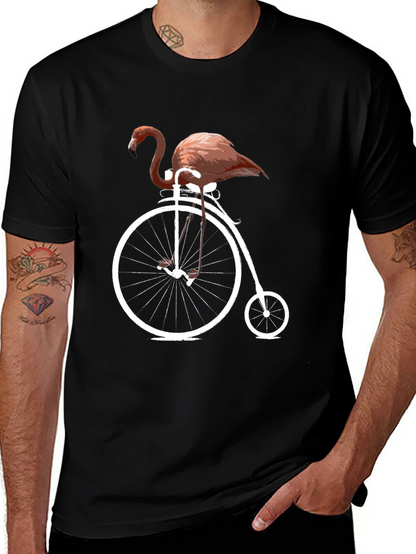 Flamingo on Bike Graphic Tee - Black Cotton T-Shirt