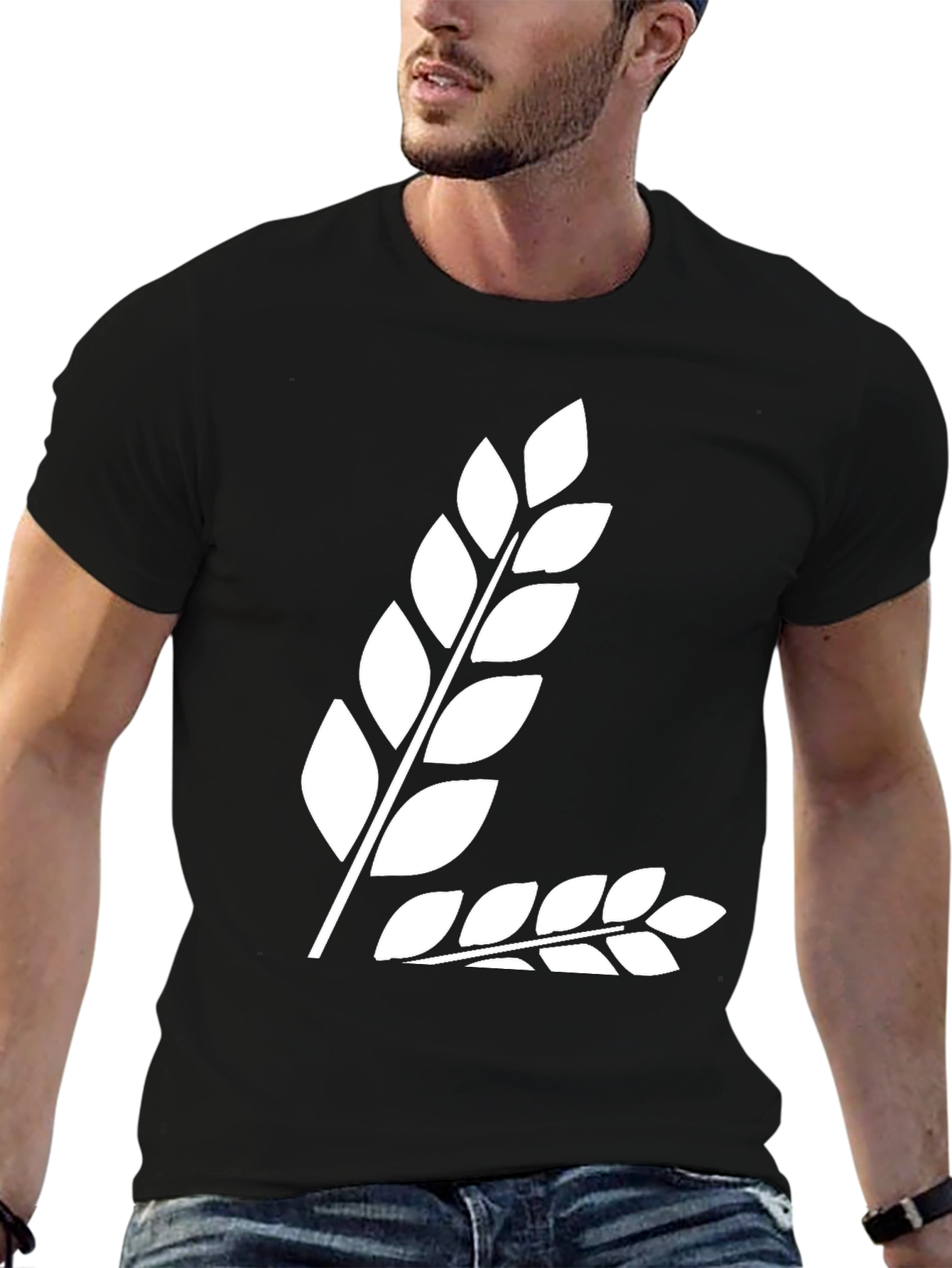 Black T-Shirt with White Leaf Design