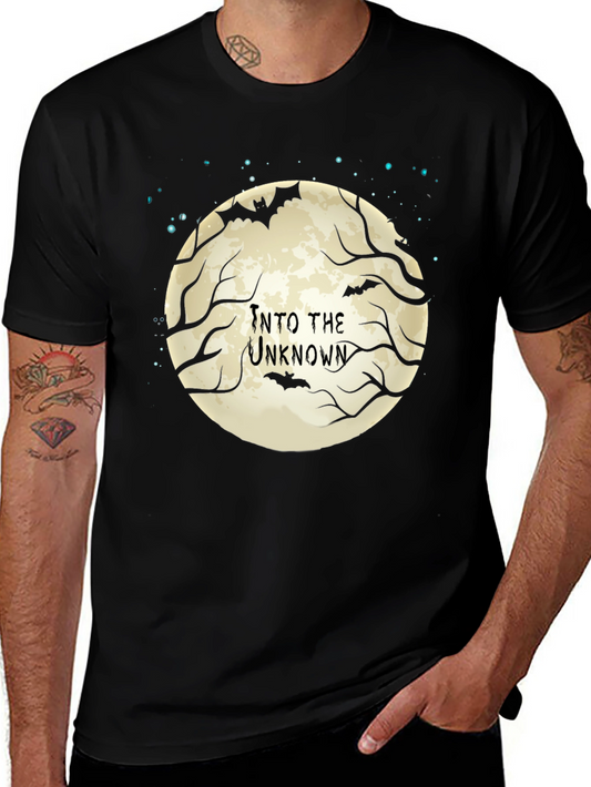 Into the Unknown Halloween Graphic Tee - Bat & Moon Design