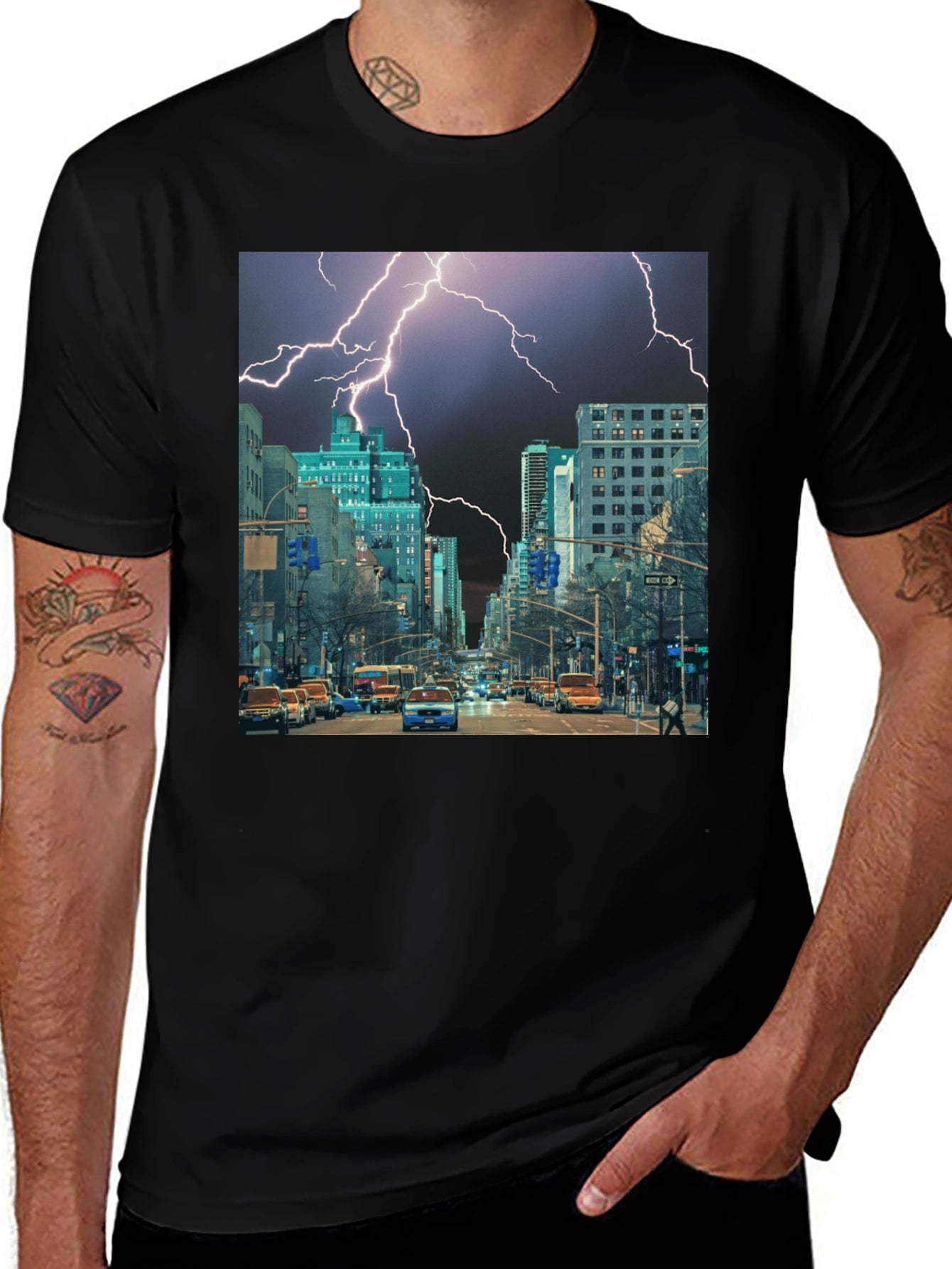 Lightning Cityscape Black Graphic Tee