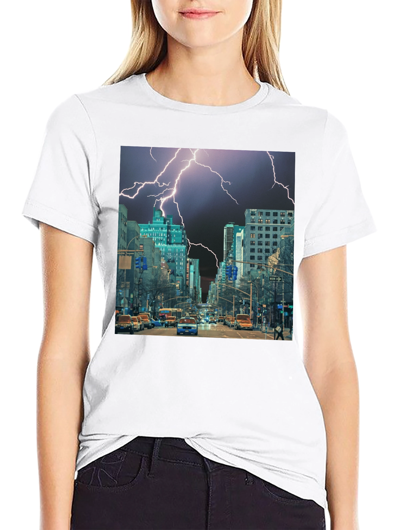Lightning Cityscape Black Graphic Tee