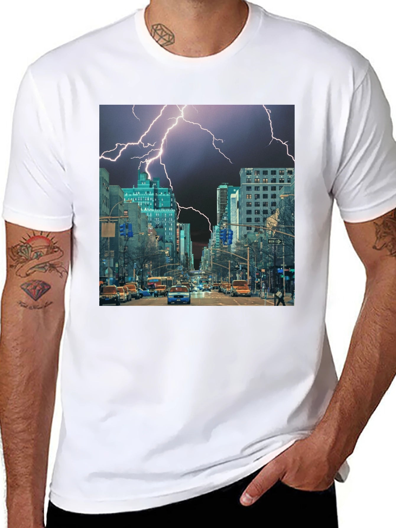 Lightning Cityscape Black Graphic Tee
