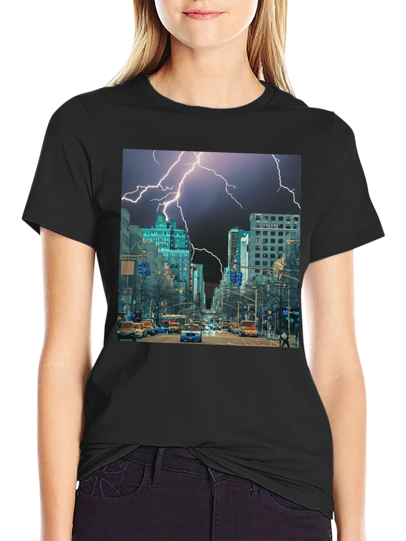 Lightning Cityscape Black Graphic Tee