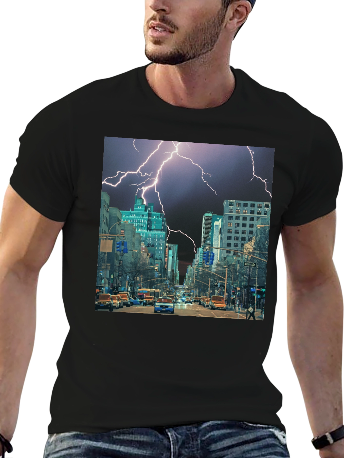 Lightning Cityscape Black Graphic Tee