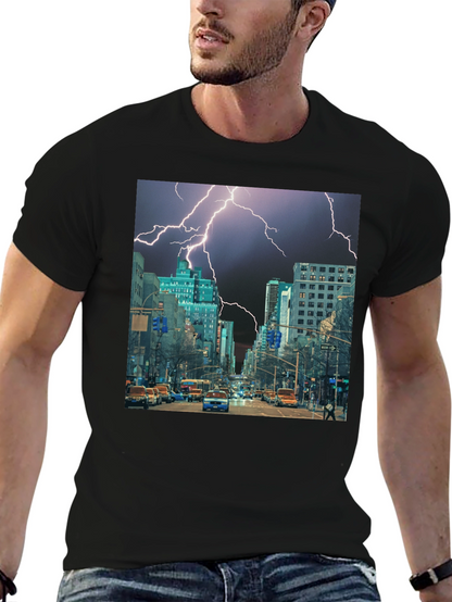 Lightning Cityscape Black Graphic Tee