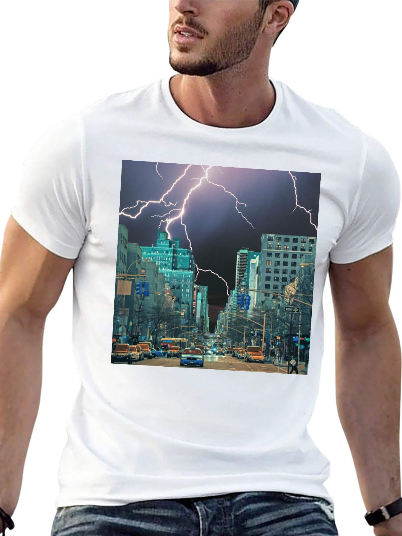 Lightning Cityscape Black Graphic Tee