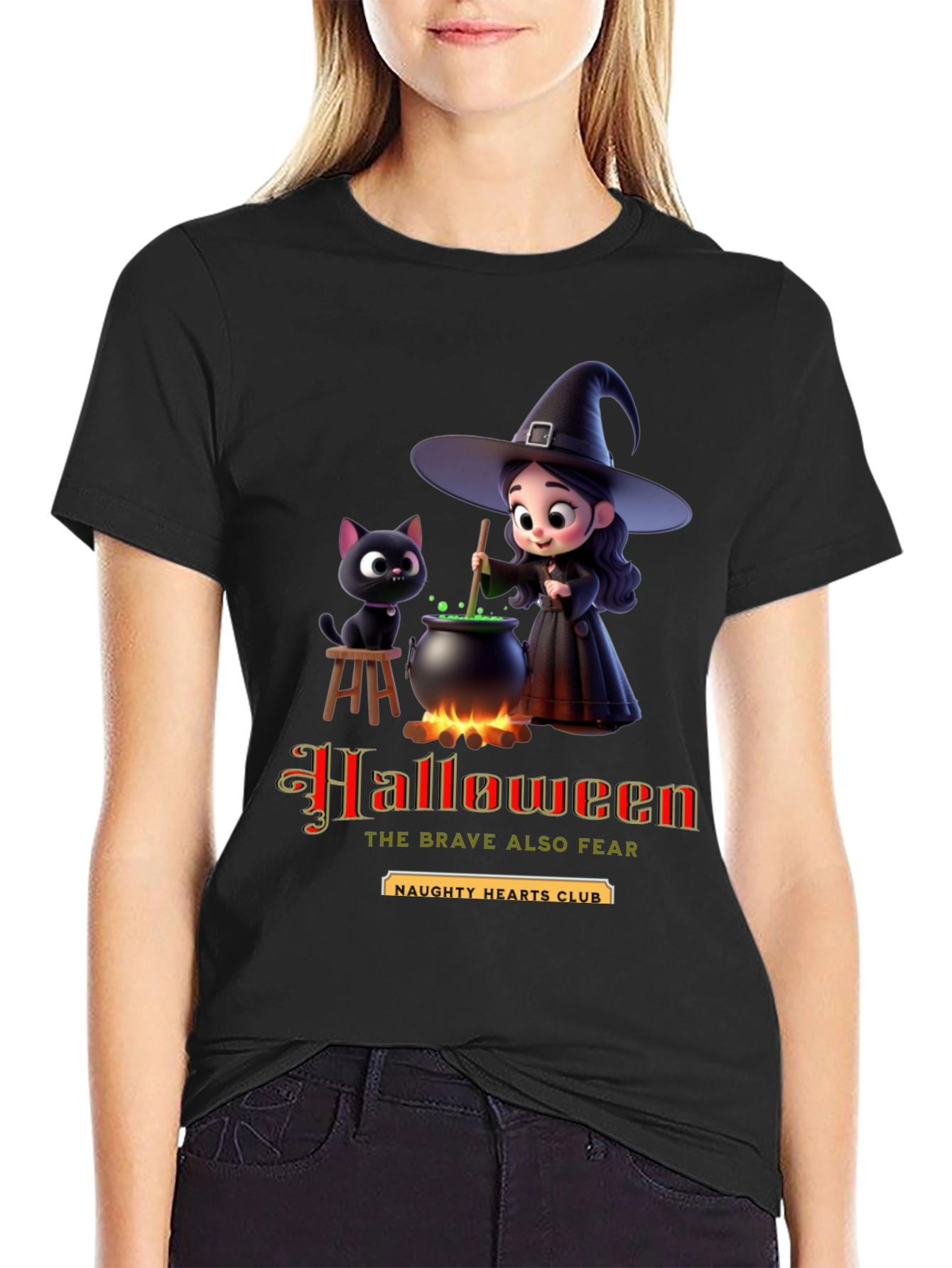 Halloween Witch & Cat Graphic T-Shirt
