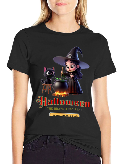 Halloween Witch & Cat Graphic T-Shirt