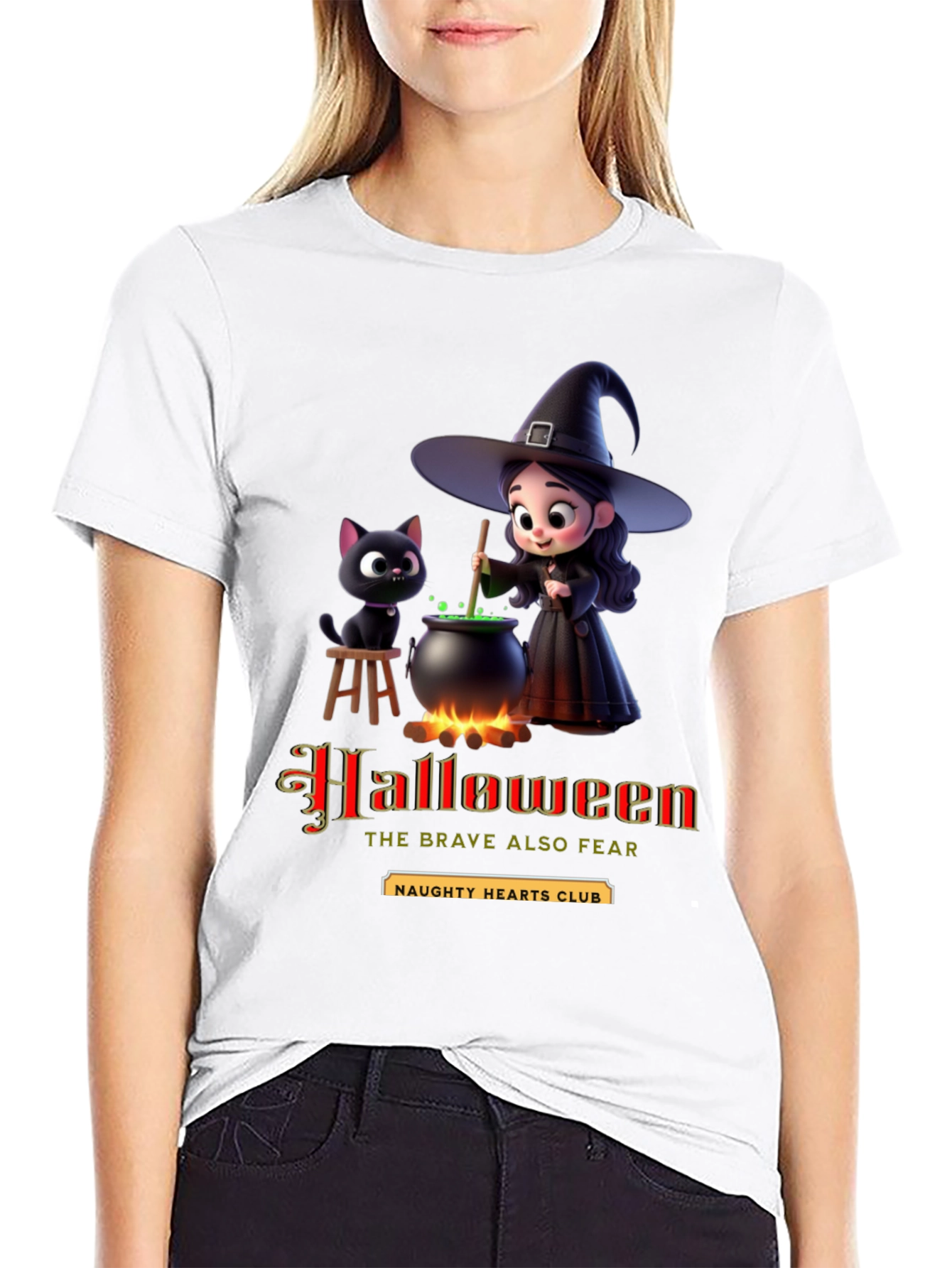 Halloween Witch & Cat Graphic T-Shirt