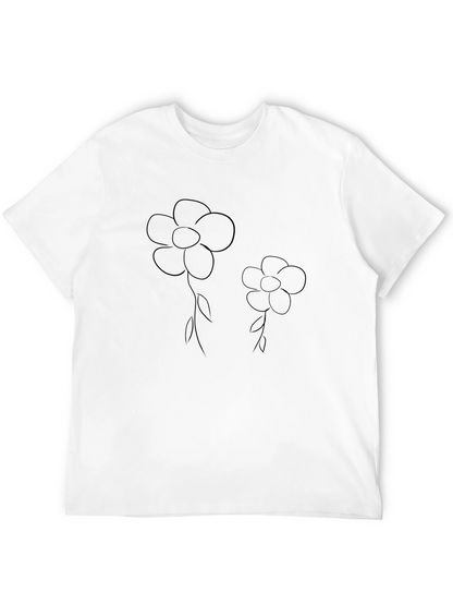 Floral Outline Graphic Tee - Casual Black T-Shirt
