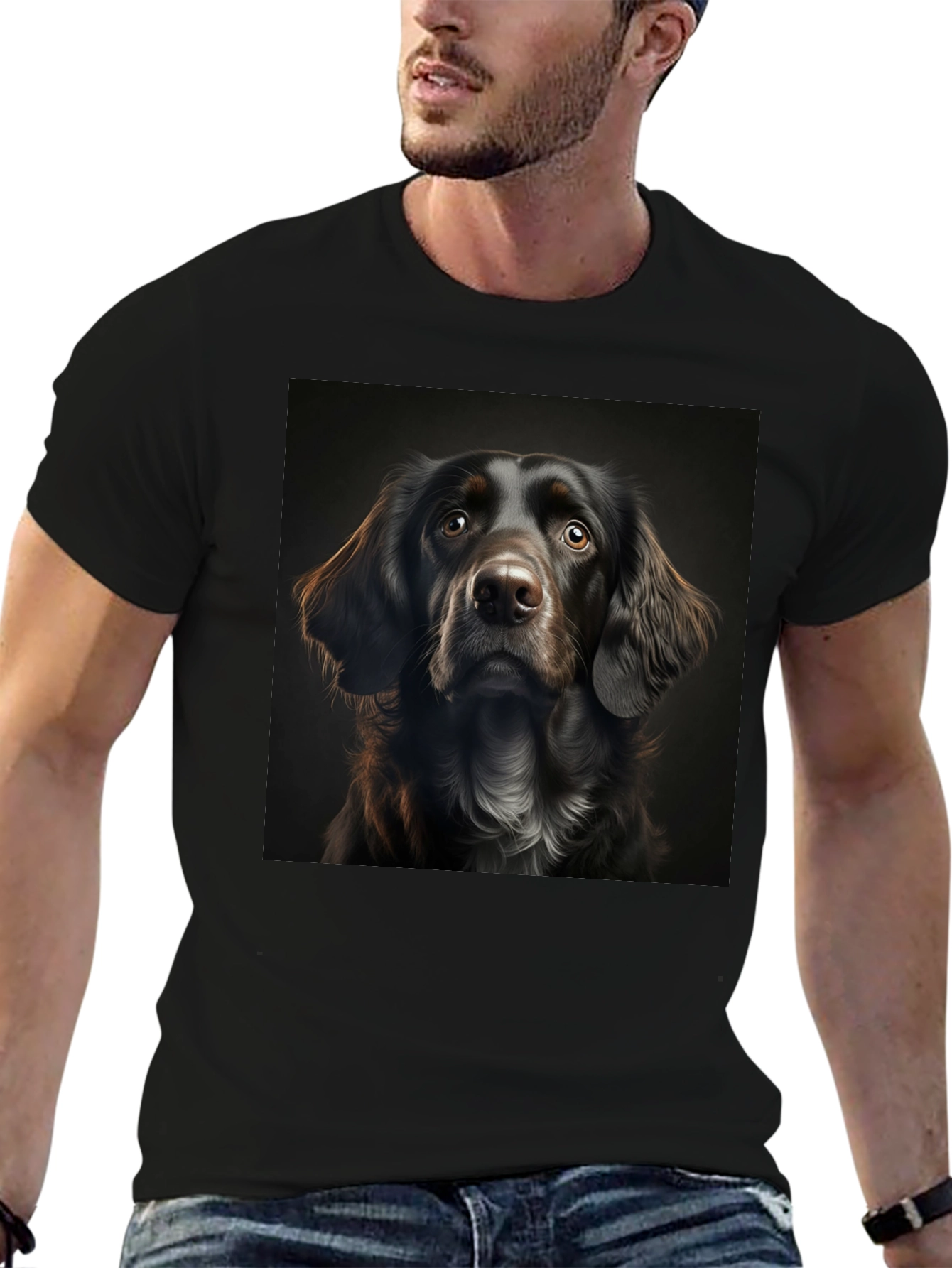 Dog Portrait Graphic Tee - Black Cotton T-Shirt