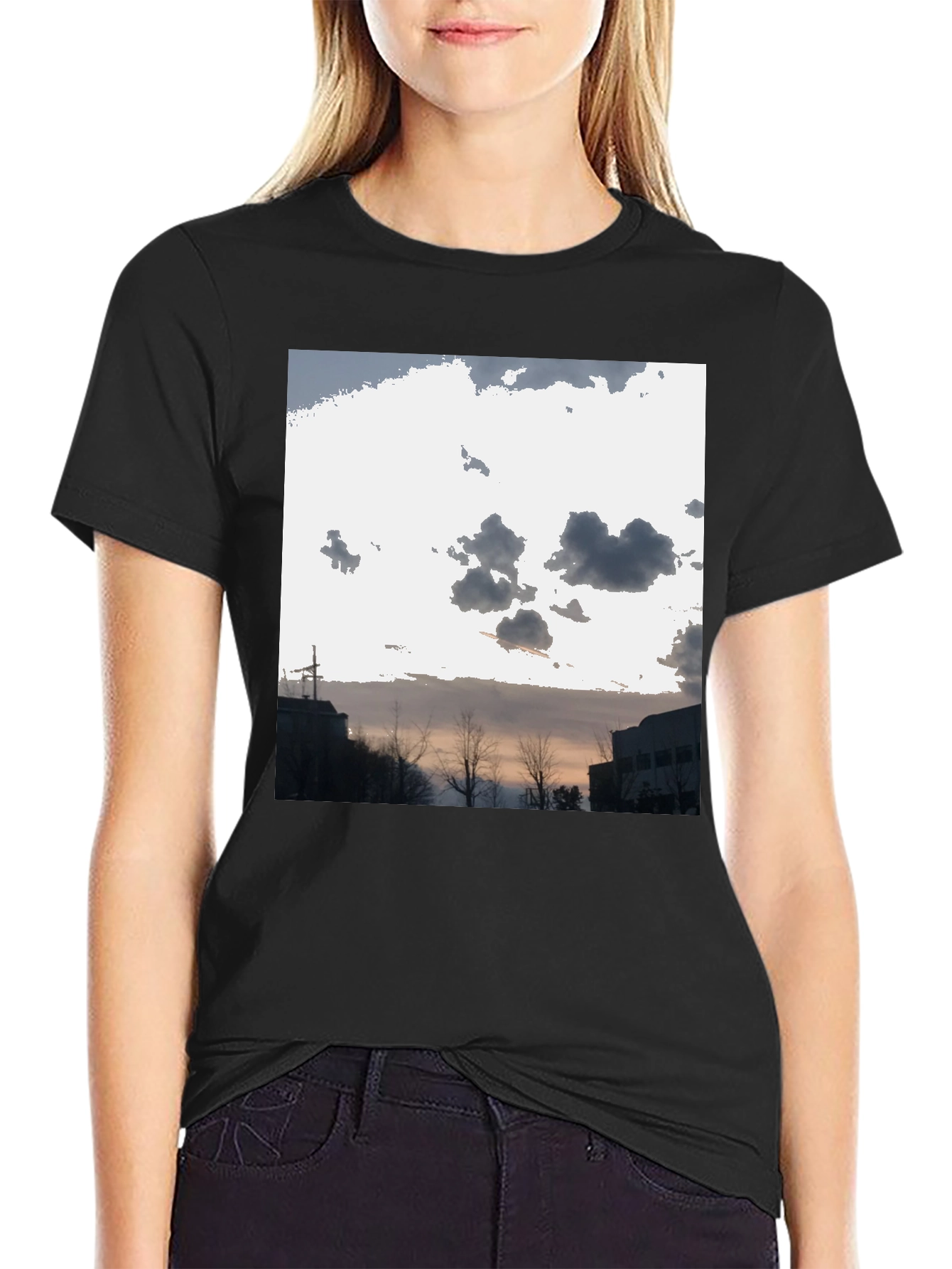 Cloudscape Graphic Tee - Black Cotton Casual T-Shirt