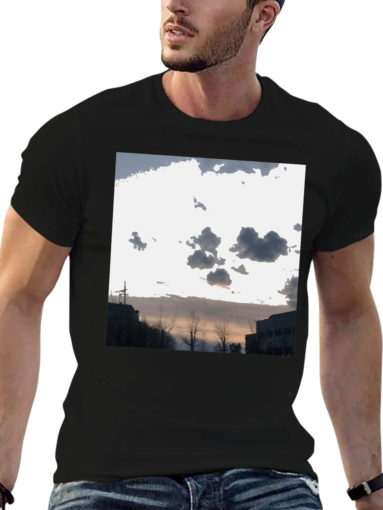 Cloudscape Graphic Tee - Black Cotton Casual T-Shirt