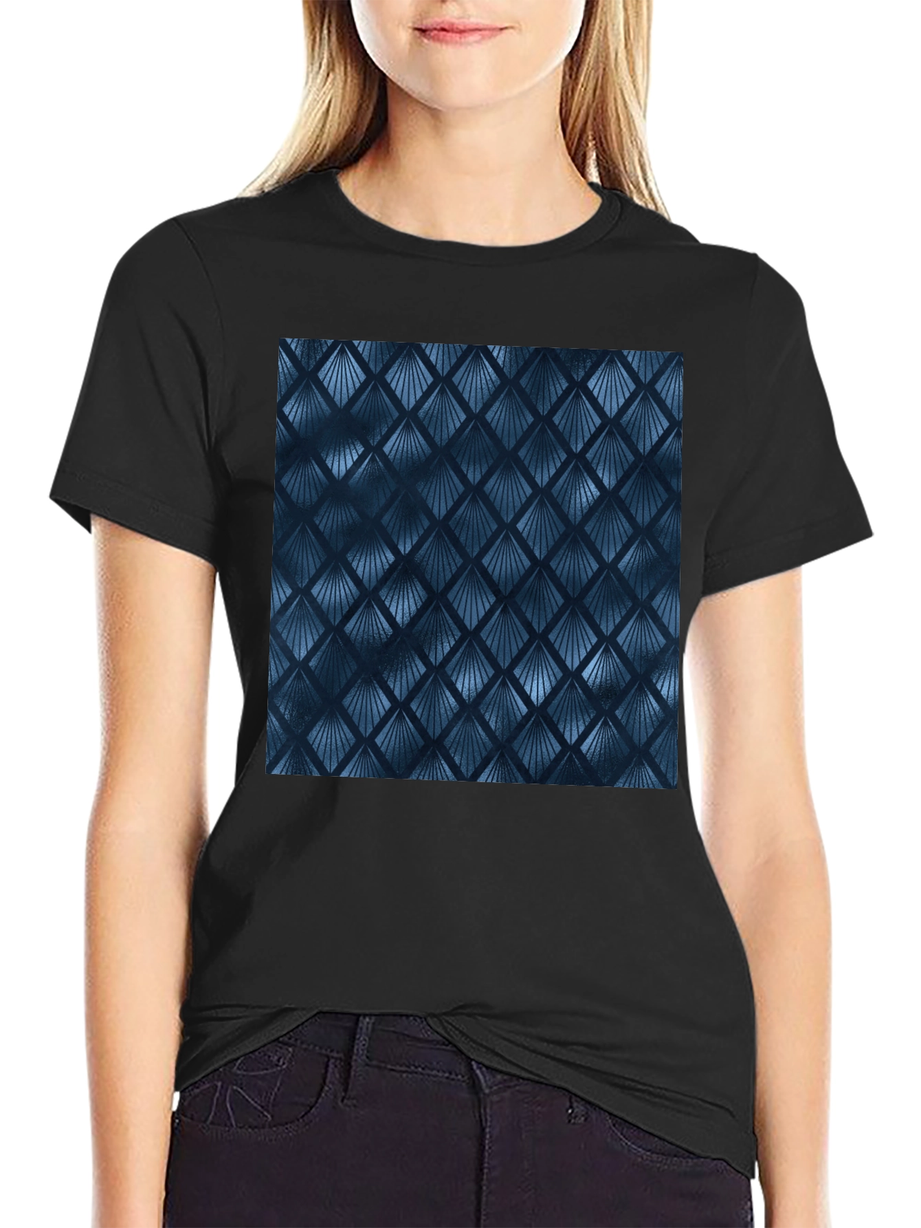 Stylish Blue Geometric Pattern Black T-Shirt