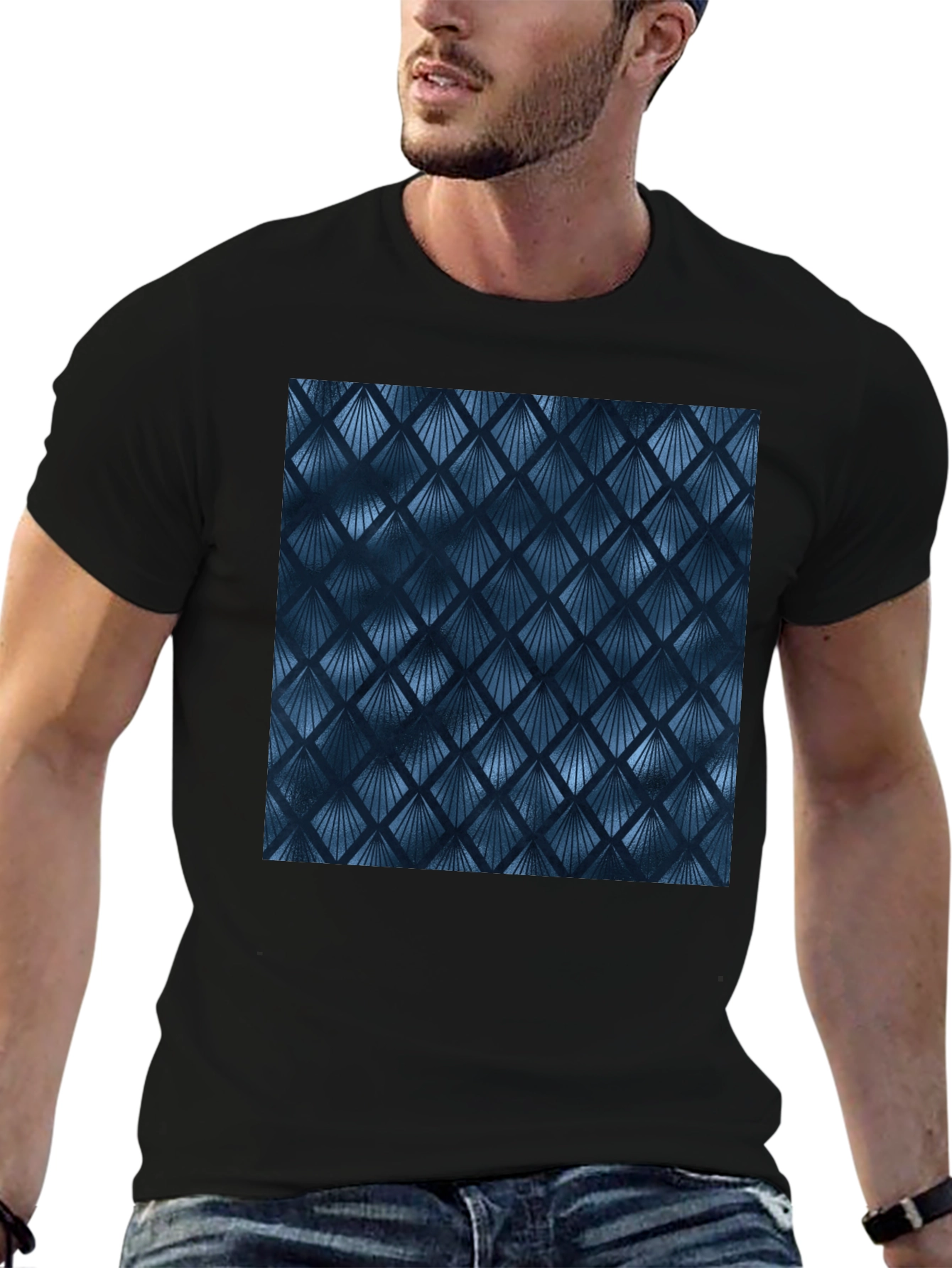 Stylish Blue Geometric Pattern Black T-Shirt