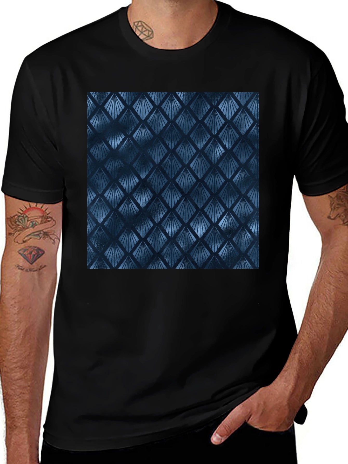 Stylish Blue Geometric Pattern Black T-Shirt