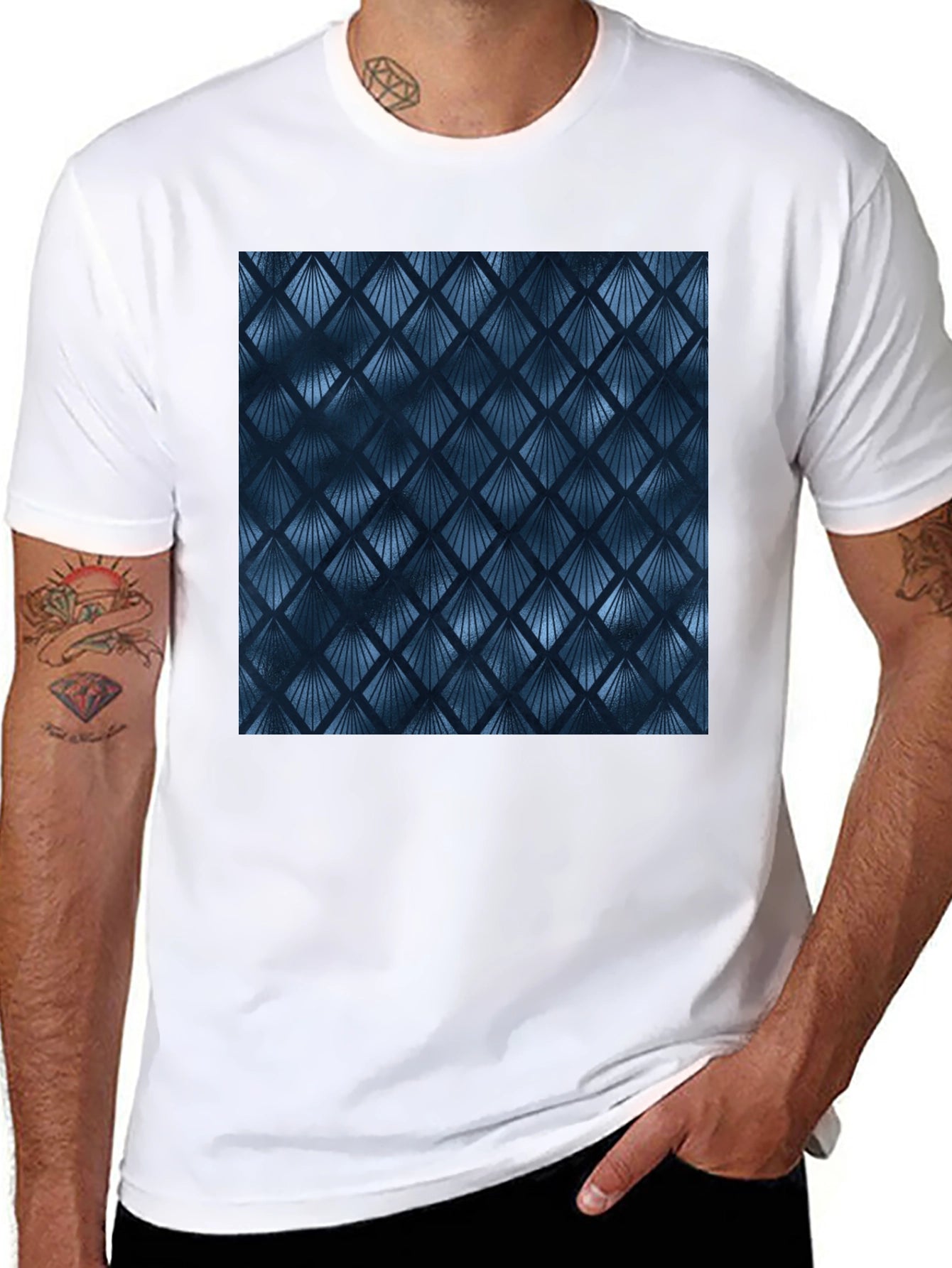 Stylish Blue Geometric Pattern Black T-Shirt