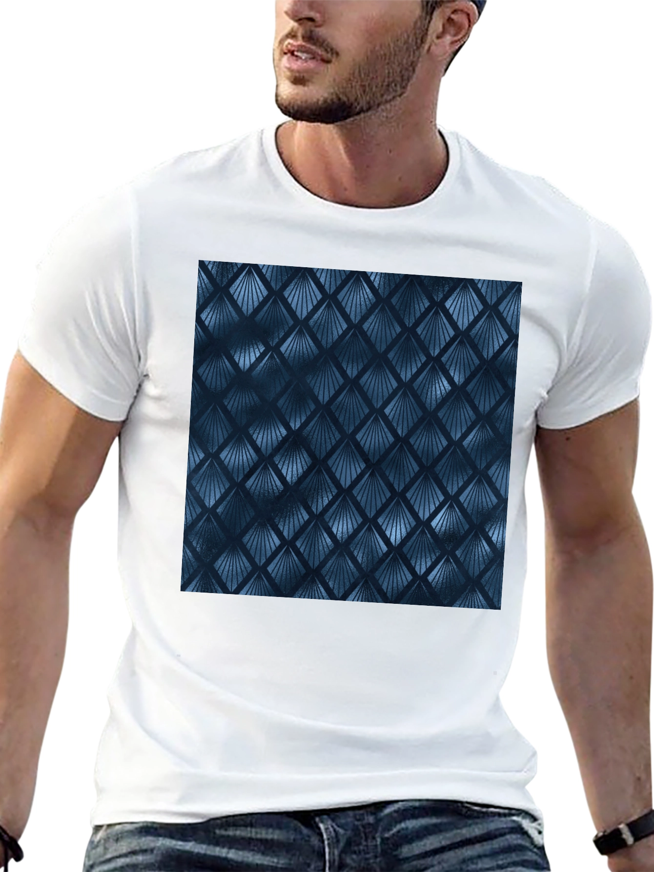 Stylish Blue Geometric Pattern Black T-Shirt