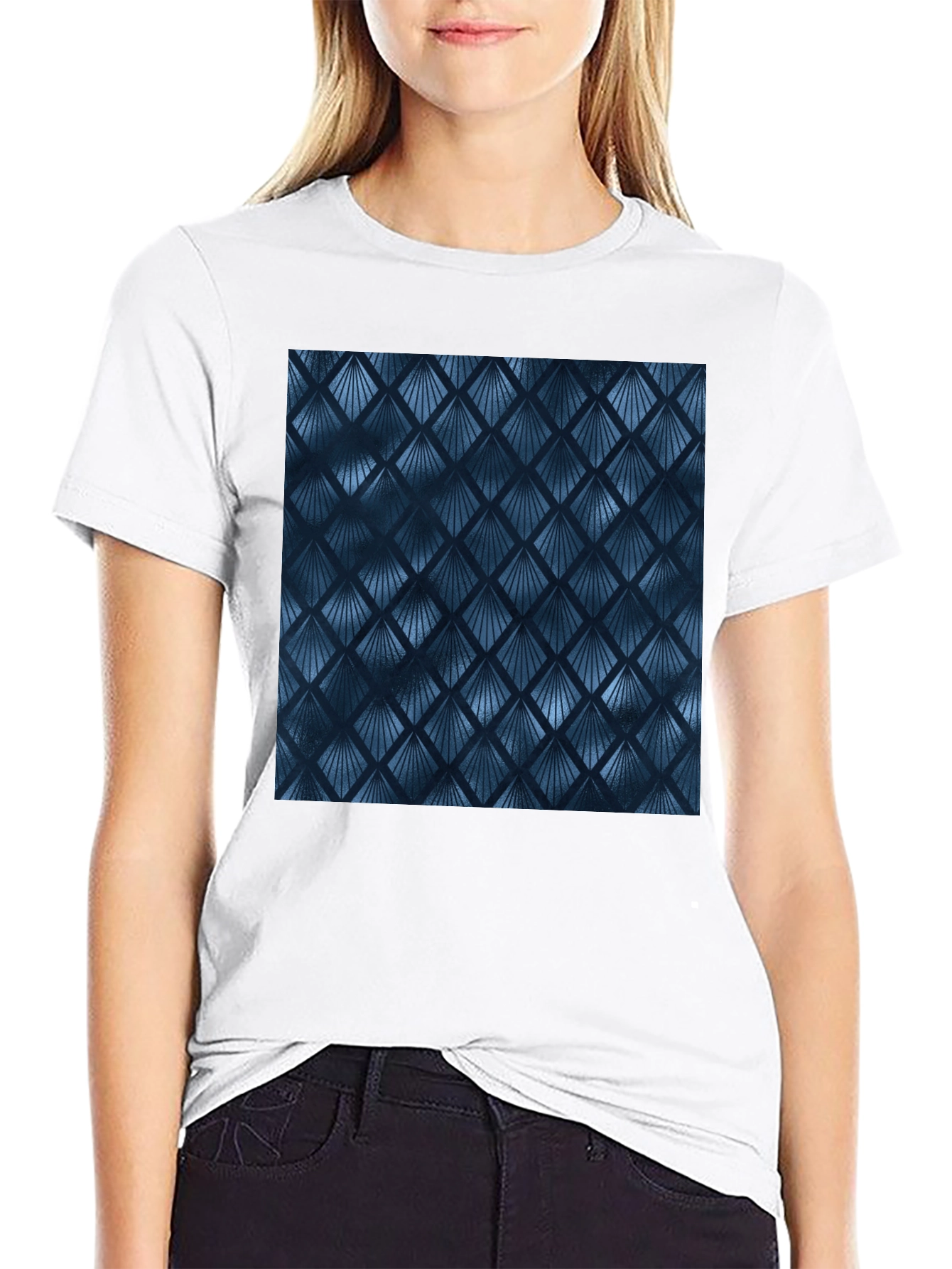 Stylish Blue Geometric Pattern Black T-Shirt