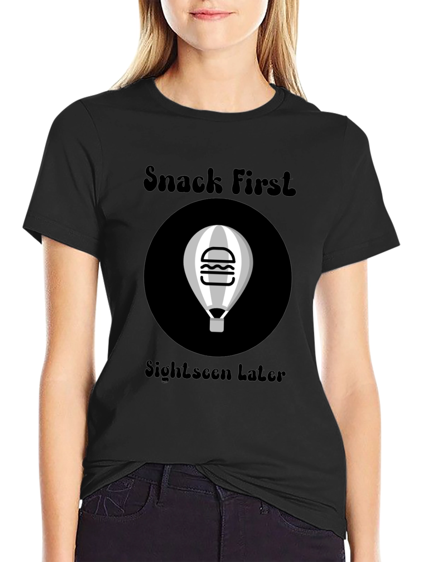 Snack First Sightseen Later Black Graphic Tee