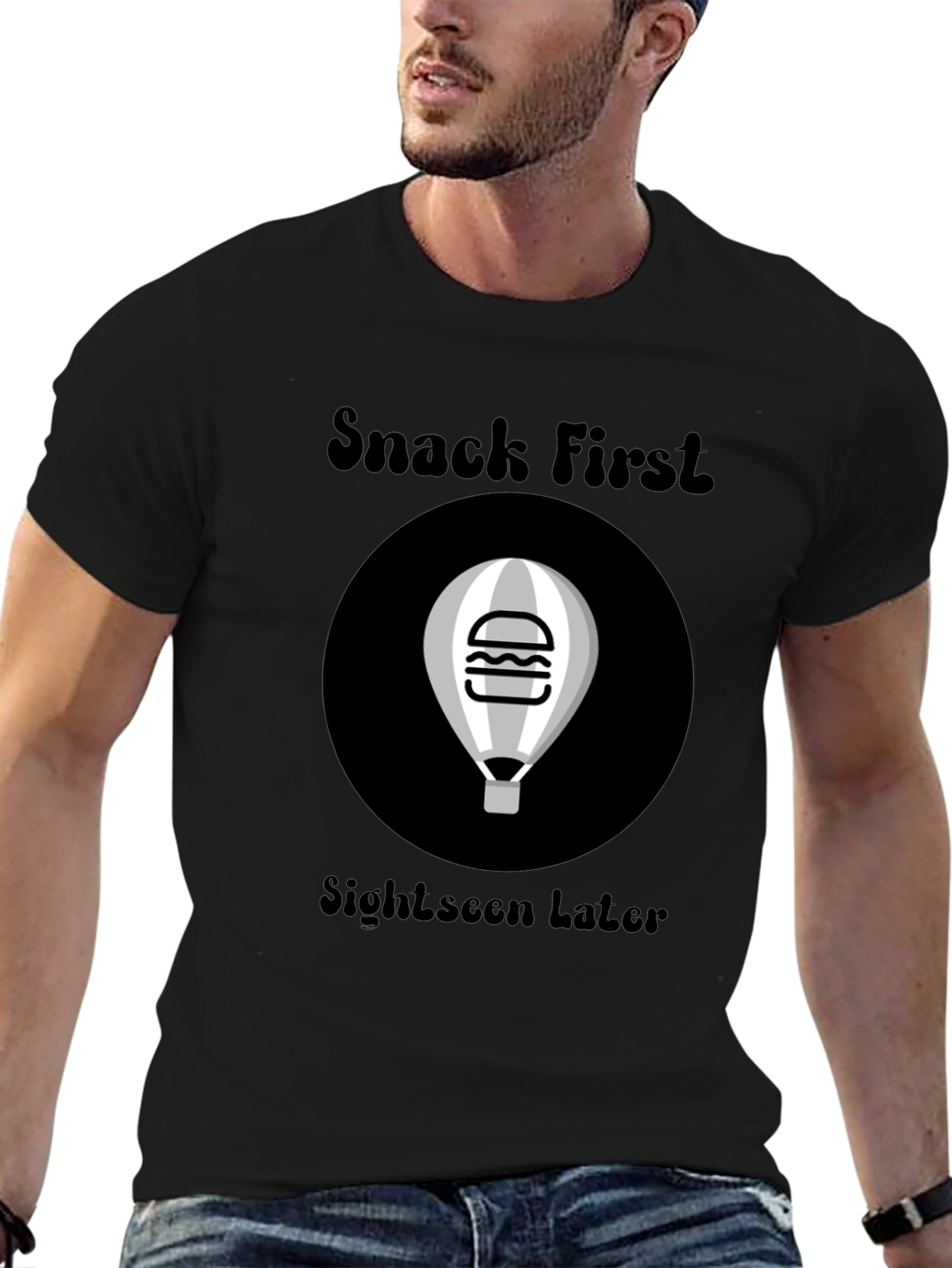 Snack First Sightseen Later Black Graphic Tee
