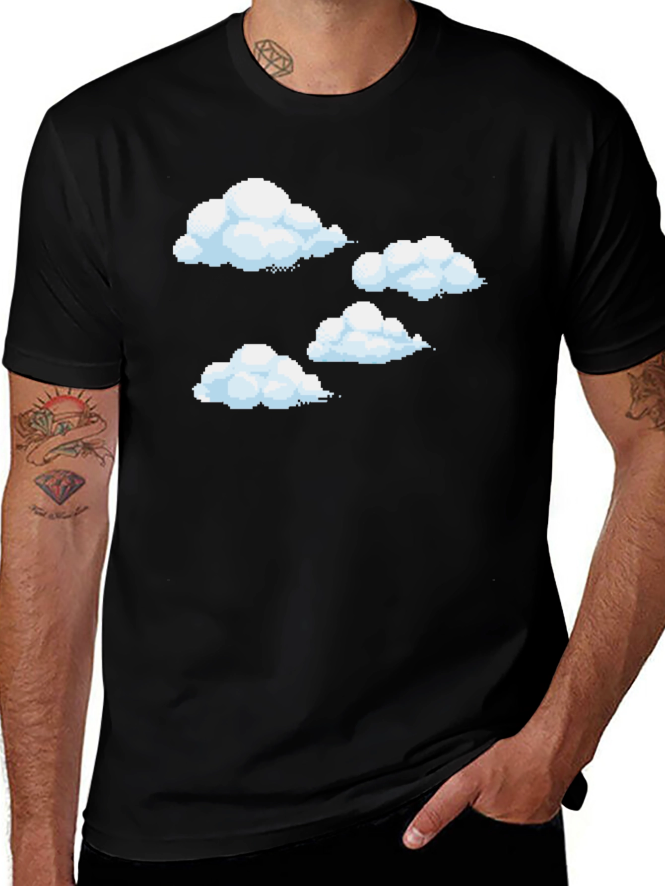Pixel Clouds Black T-Shirt - Retro Gaming Style