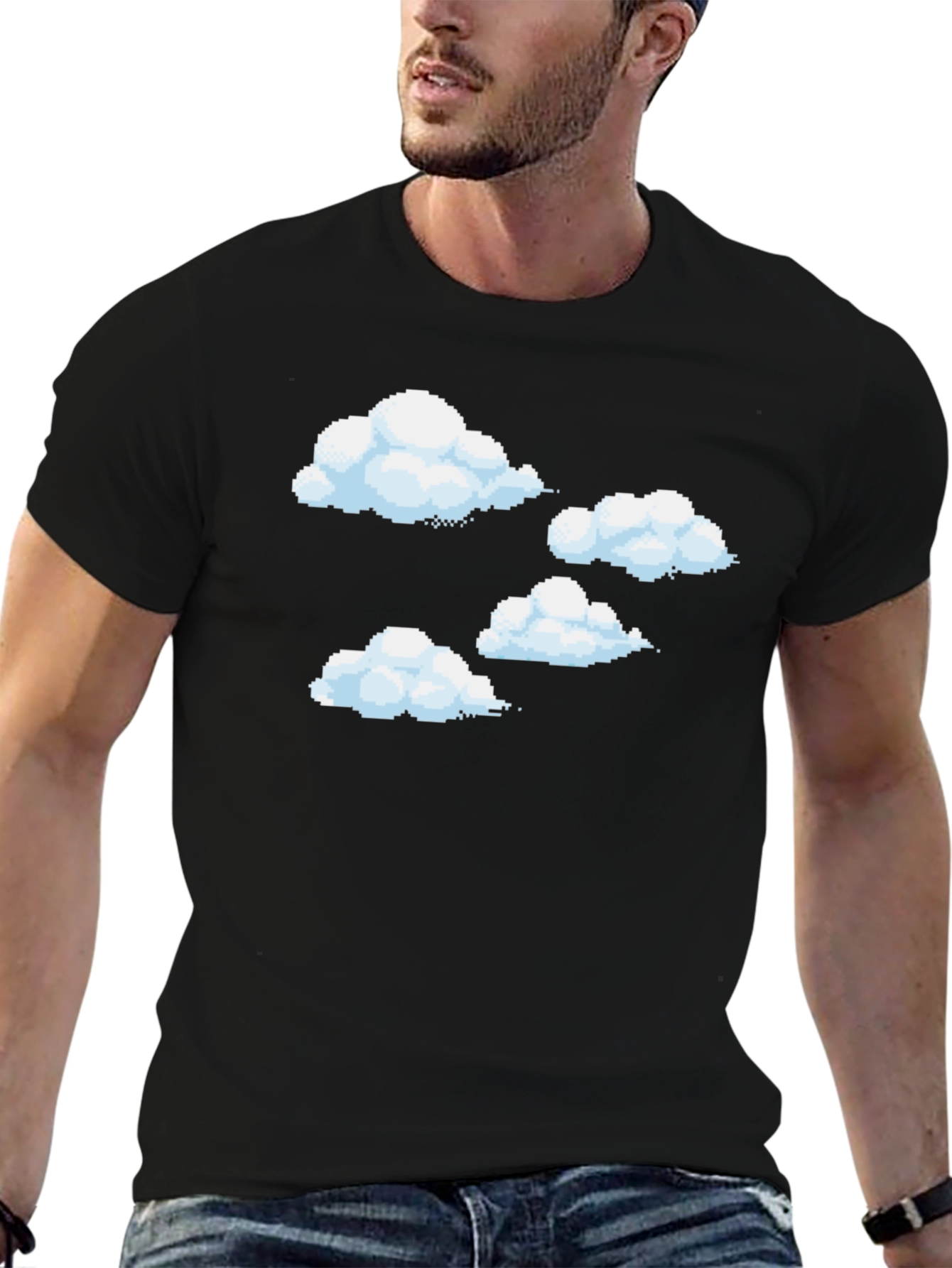 Pixel Clouds Black T-Shirt - Retro Gaming Style