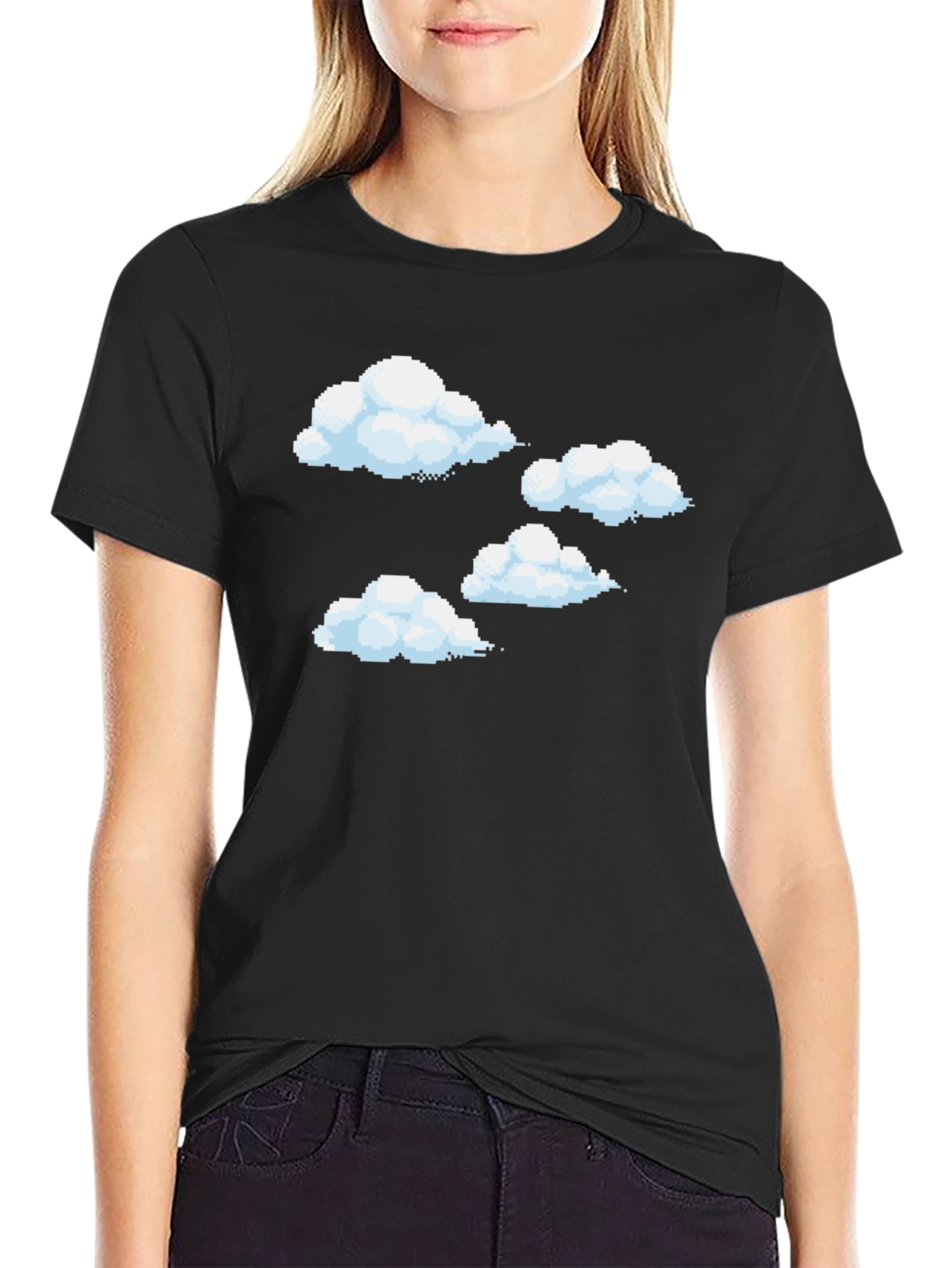 Pixel Clouds Black T-Shirt - Retro Gaming Style