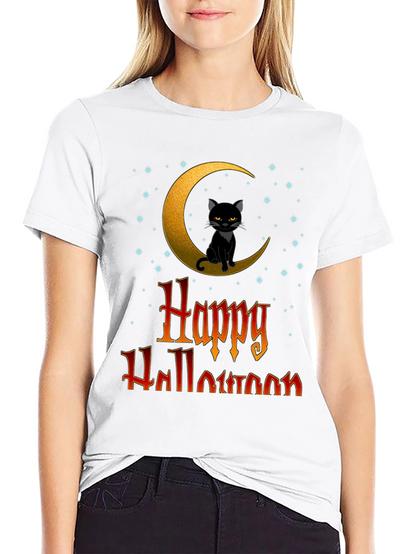 Happy Halloween Cat on Moon T-Shirt