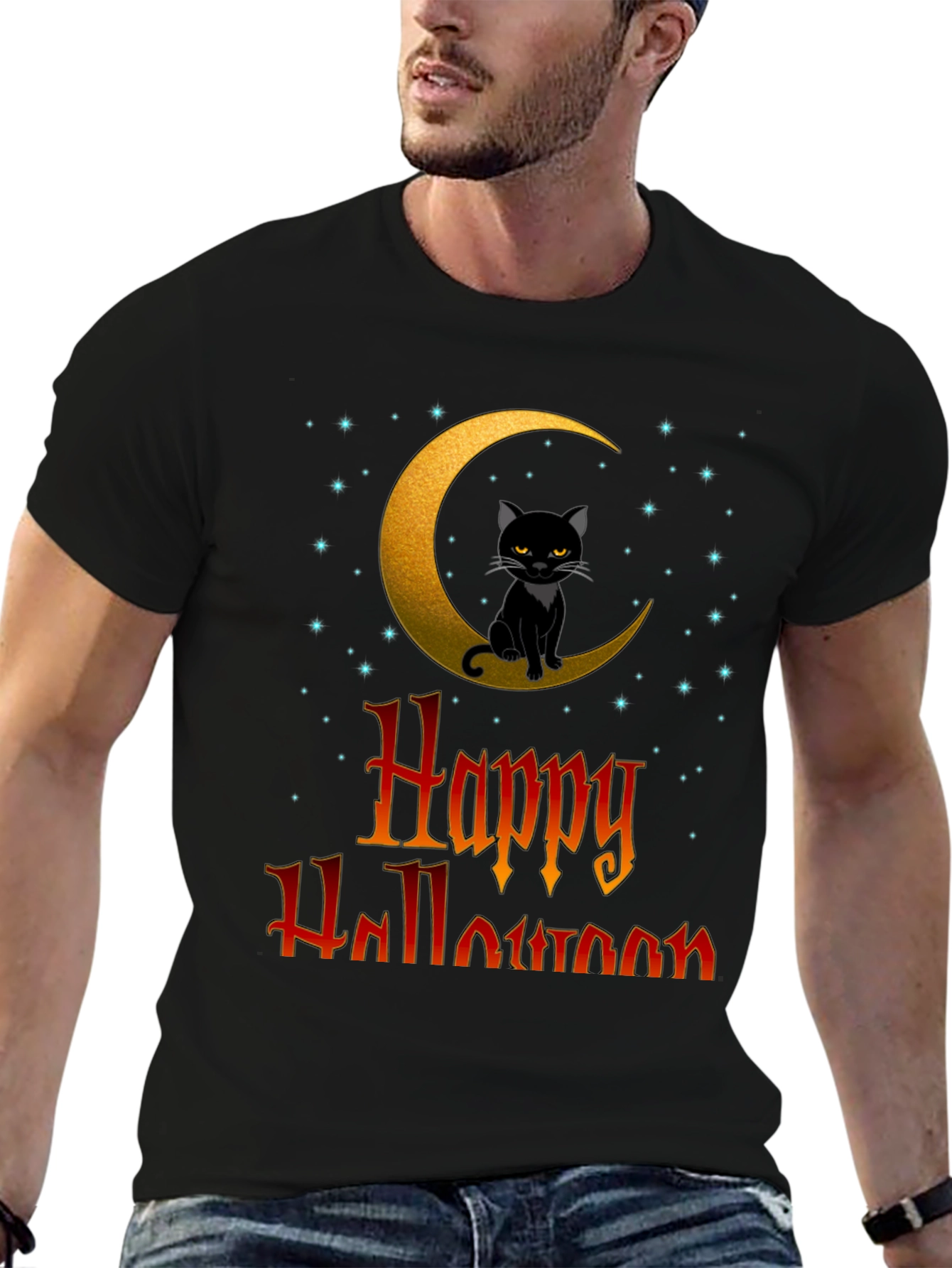 Happy Halloween Cat on Moon T-Shirt