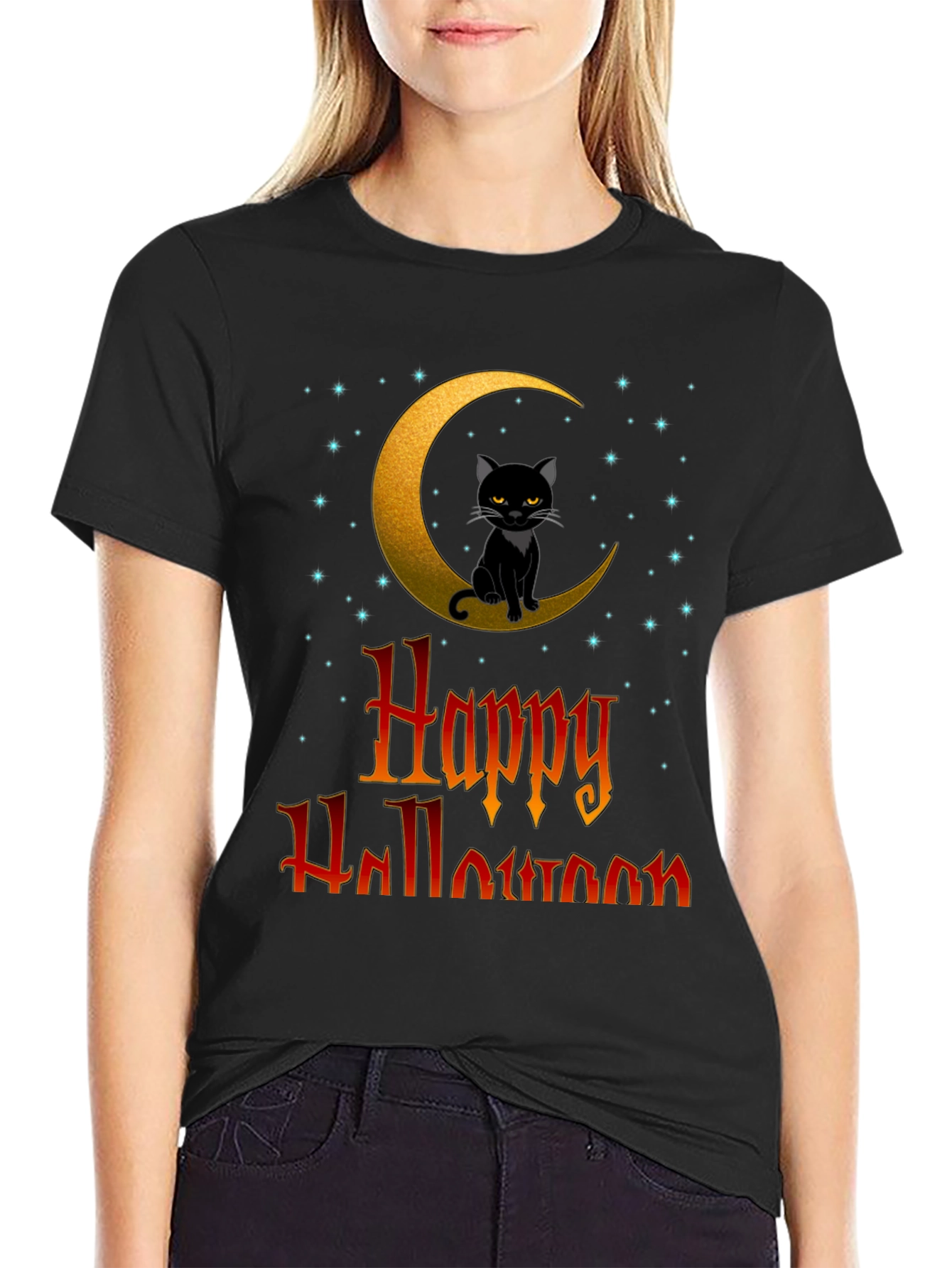 Happy Halloween Cat on Moon T-Shirt