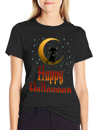 Happy Halloween Cat on Moon T-Shirt