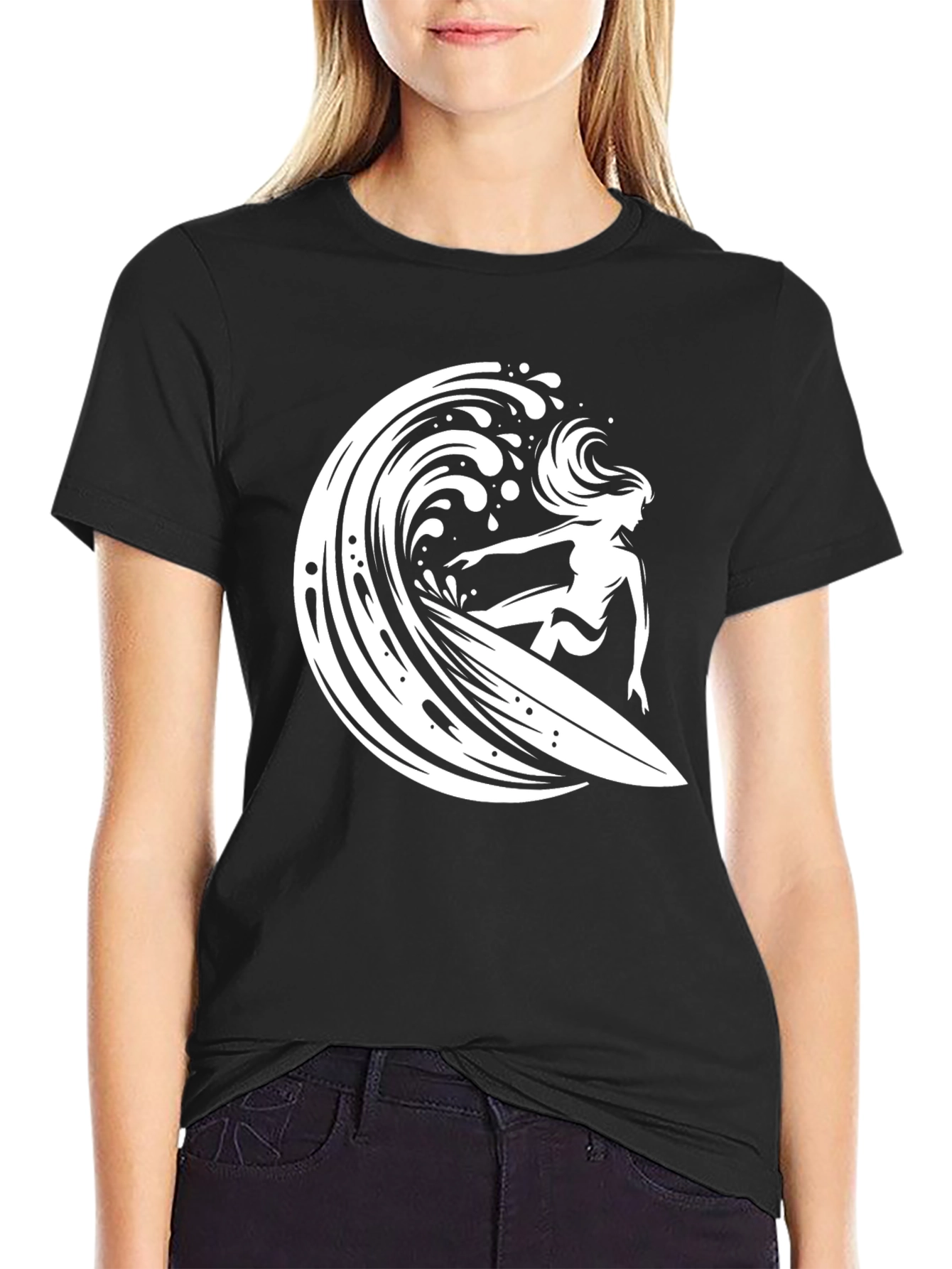 Surfer Girl Wave T-Shirt - Black