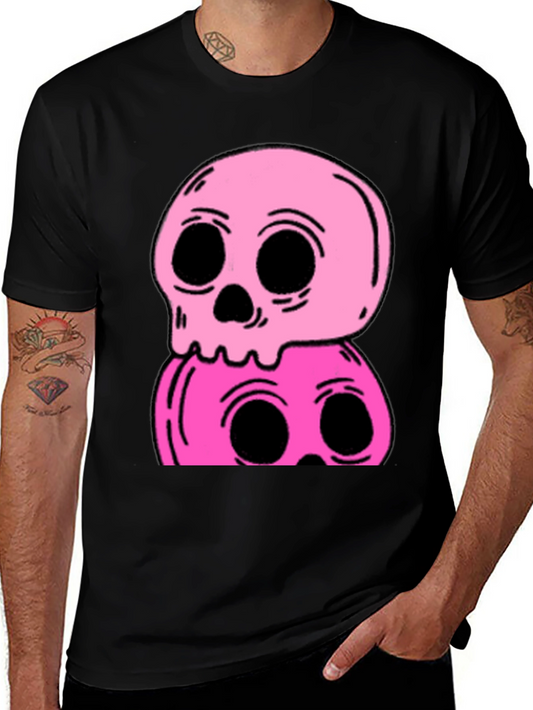 Stacked Skull Tee - Edgy Pink Graphic Print