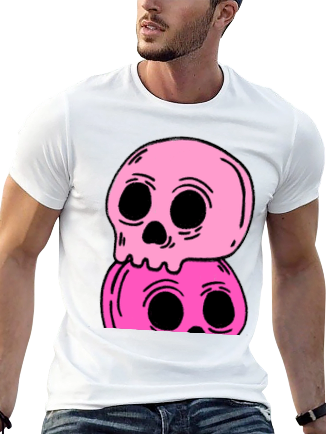 Stacked Skull Tee - Edgy Pink Graphic Print